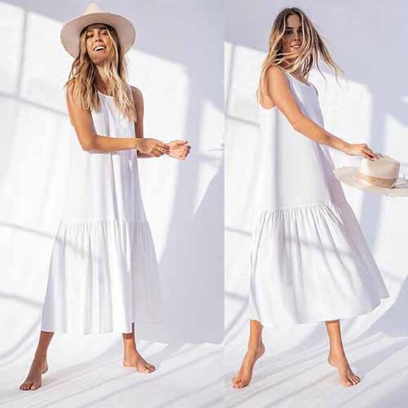 NWT Ona Livingston Flouncy Hem Flowy Casual White Sleeveless Midi Dress Sz: Med - Picture 9 of 9